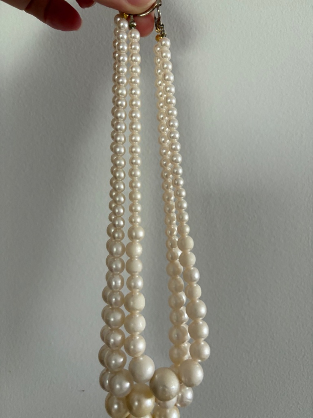 Triple Strand Faux Pearl Statement Necklace Layered Ivory White Vintage Style